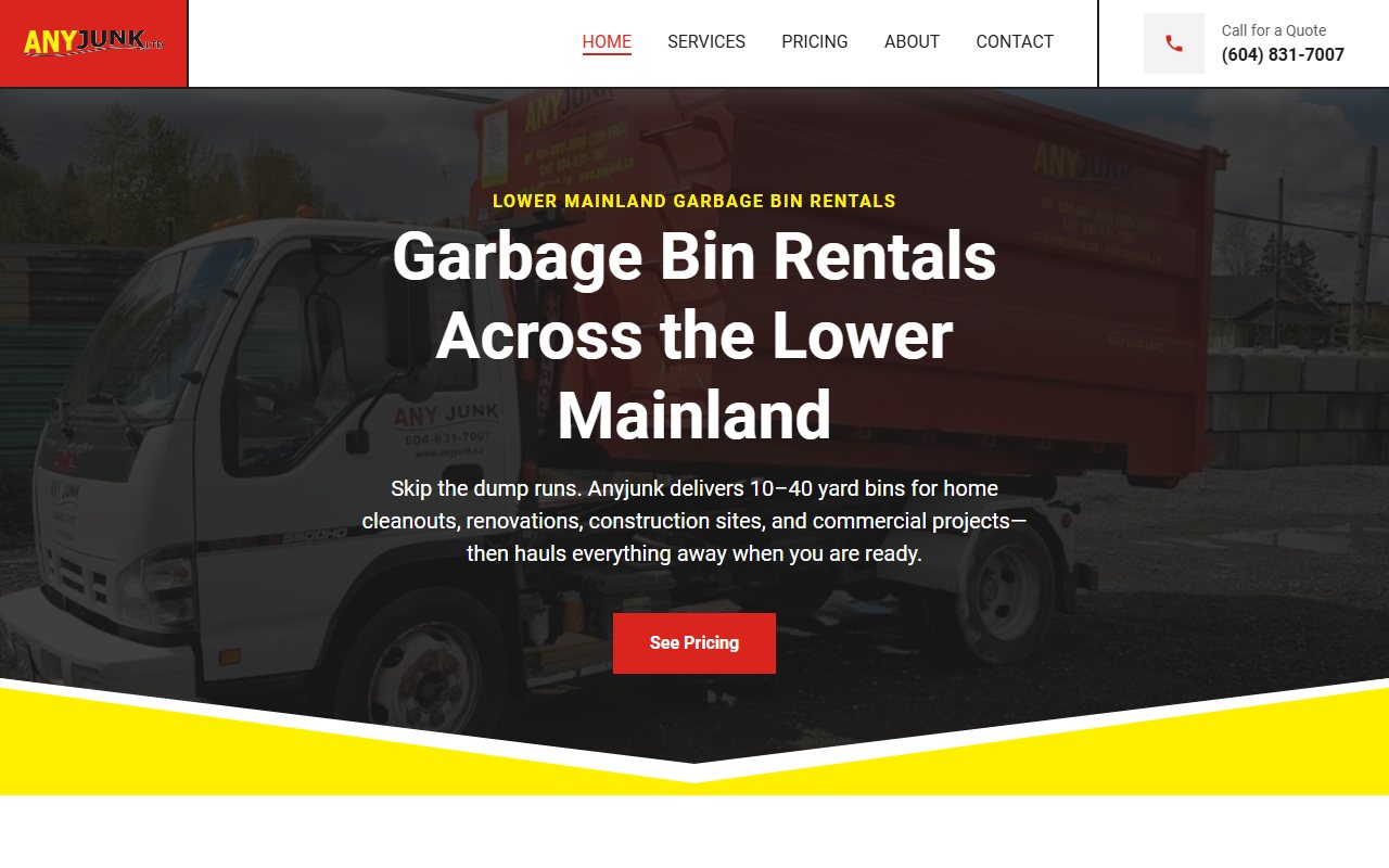 AnyJunk homepage advertising garbage bin rentals across the Lower Mainland.